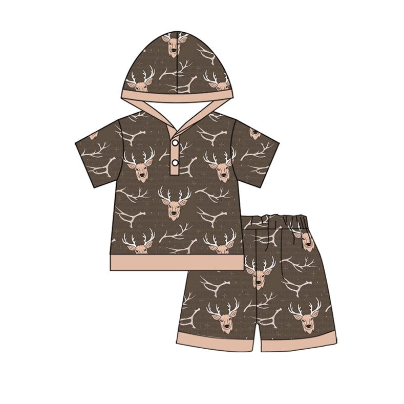 no moq BSSO1146 PRE-ORDER baby boy clothes deer head hooded short sleeve shorts set-2024.11.26