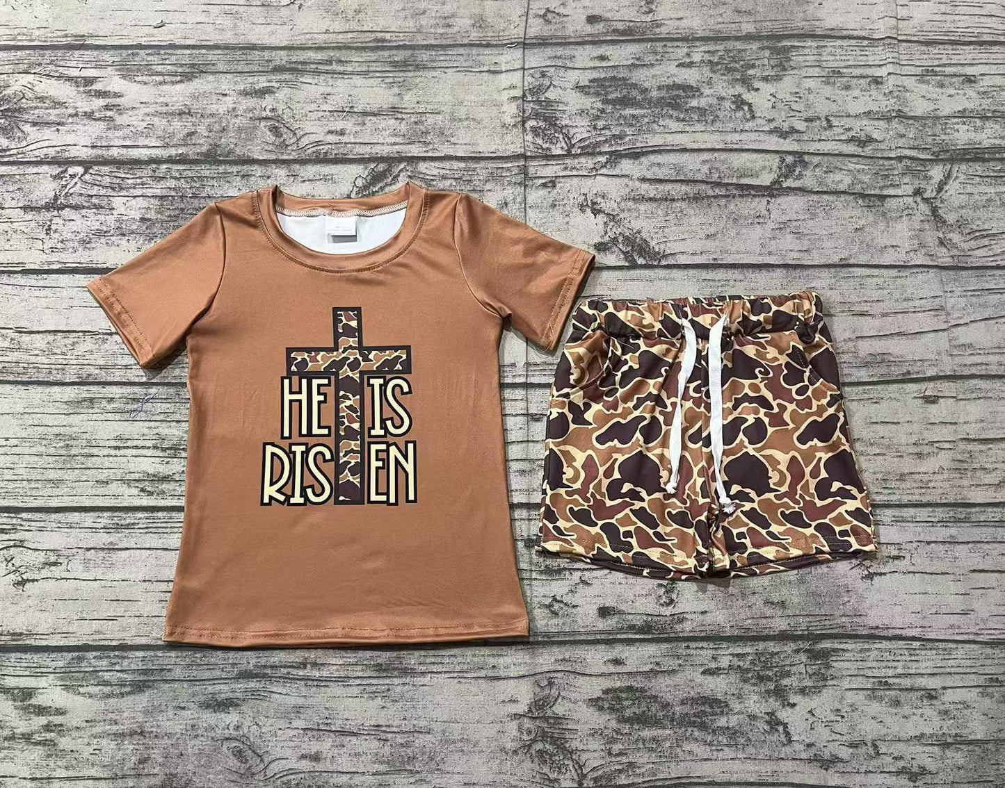 no moq BSSO1162 PRE-ORDER baby boy clothes Easter HE IS RISEN camouflage short sleeve shorts set