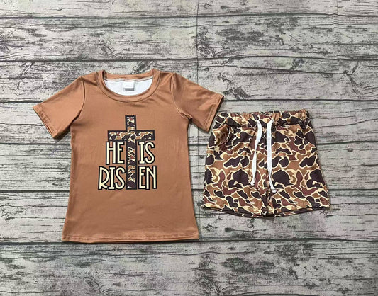 no moq BSSO1162 PRE-ORDER baby boy clothes Easter HE IS RISEN camouflage short sleeve shorts set