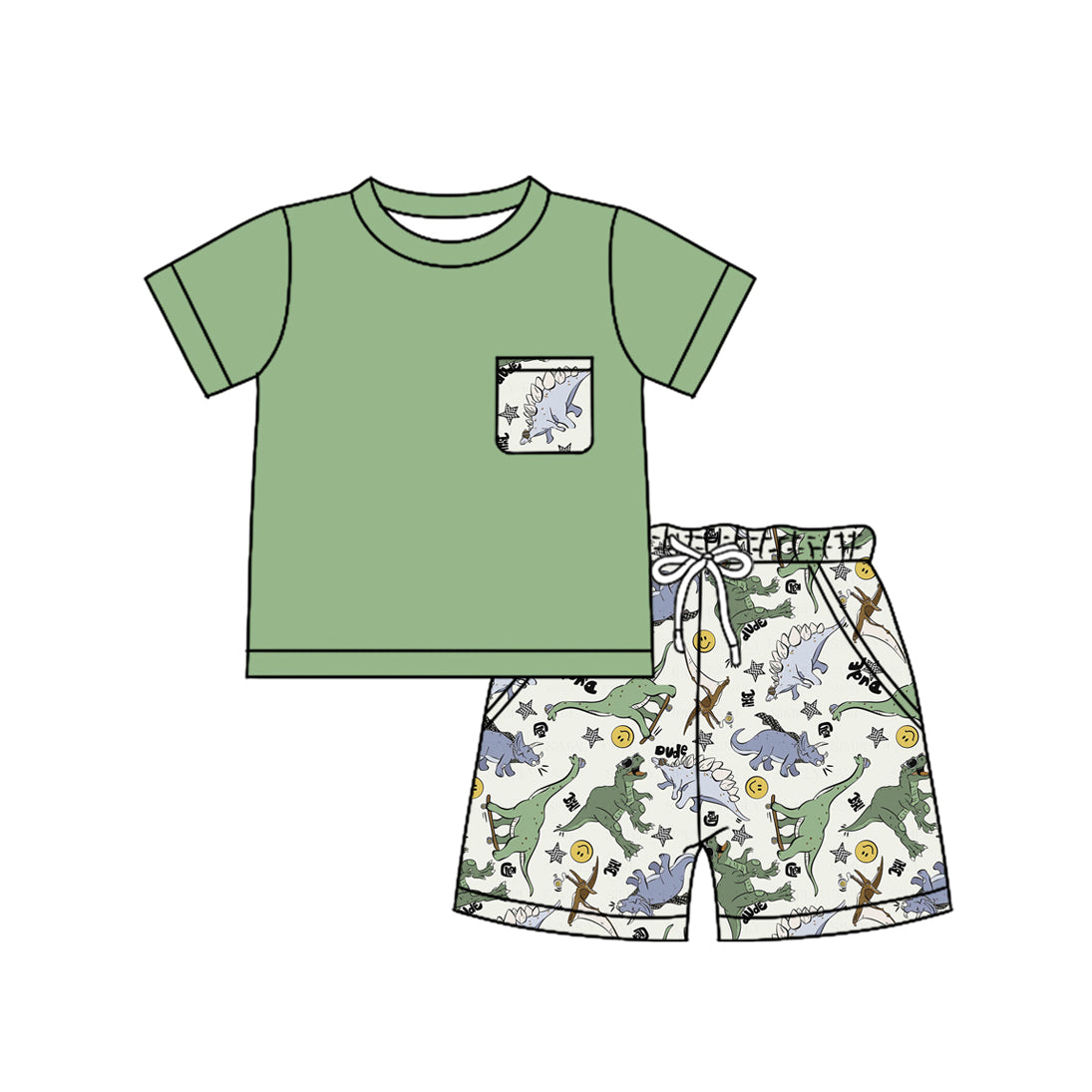 no moq BSSO1186 PRE-ORDER baby boy clothes dinosaur green short sleeve shorts set-2024.12.11