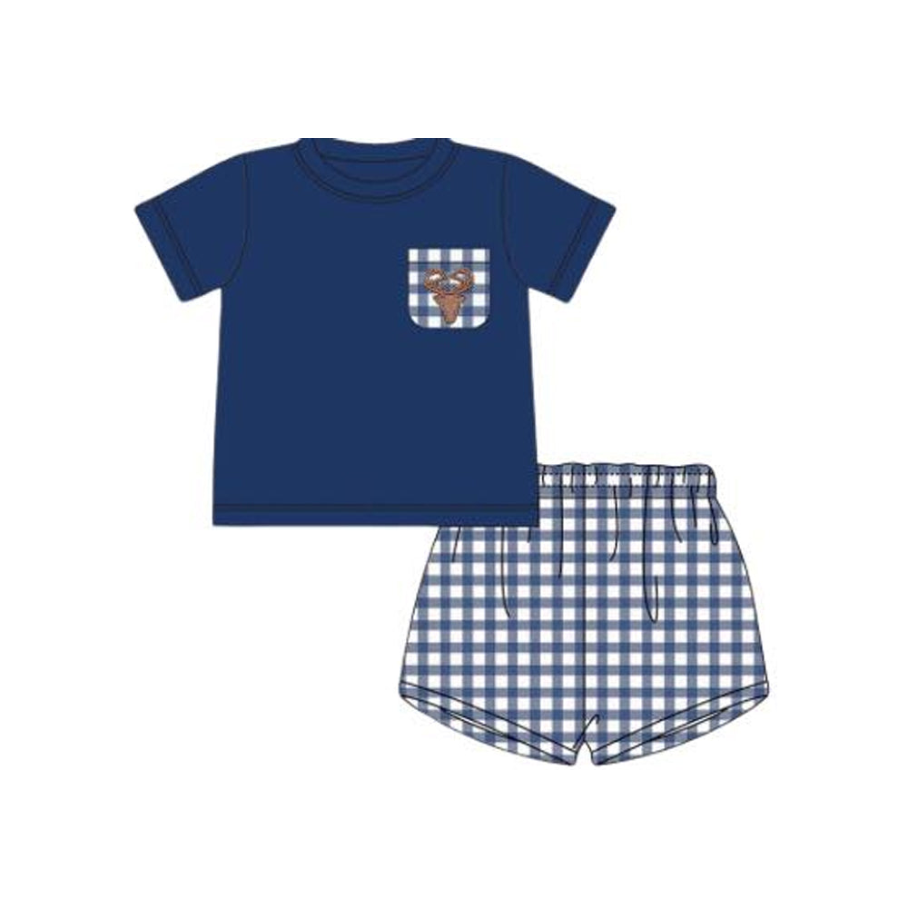 no moq BSSO1191 PRE-ORDER baby boy clothes deer navy blue short sleeve shorts set-2024.12.13