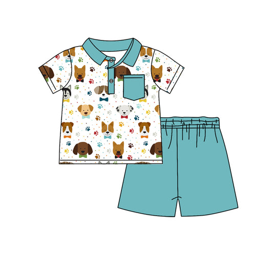 no moq BSSO1197 PRE-ORDER baby boy clothes puppy blue and green short sleeve shorts set-2024.12.14