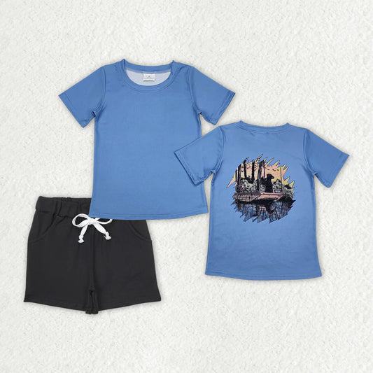 RTS NO MOQ Baby Boys Blue Dog Hunting Shirt with Pocket Short Set Cute Casual Clothing Outfit for Babies
