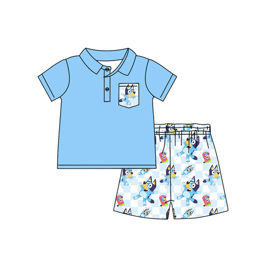 no moq BSSO1203 PRE-ORDER baby boy clothes cartoon dog blue short sleeve shorts set-2024.12.15