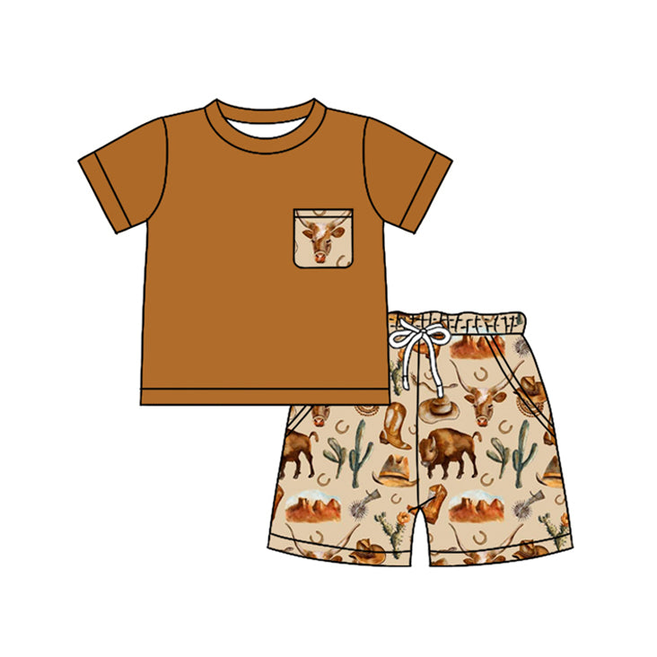 no moq BSSO1235 PRE-ORDER baby boy clothes cow head catcus short sleeve shorts set-2024.12.25