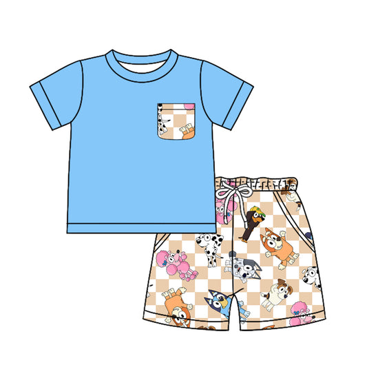 no moq BSSO1237 PRE-ORDER baby boy clothes cartoon dog blue short sleeve shorts set-2024.12.25