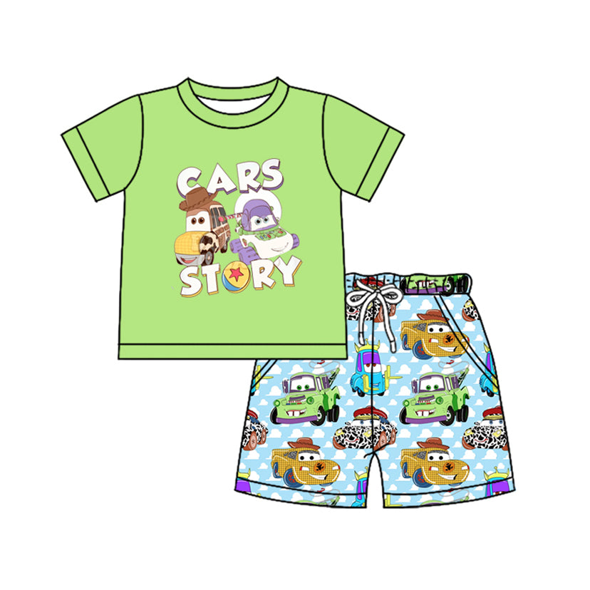 no moq BSSO1239 PRE-ORDER baby boy clothes CARS STORY green short sleeve shorts set-2024.12.25