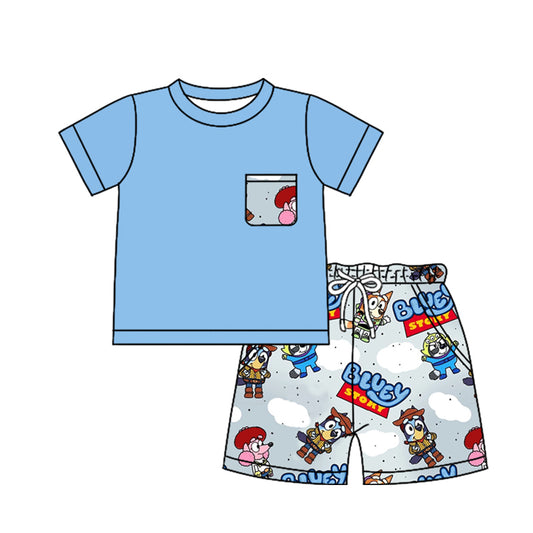 no moq BSSO1241 PRE-ORDER baby boy clothes cartoon dog blue short sleeve shorts set-2024.12.27