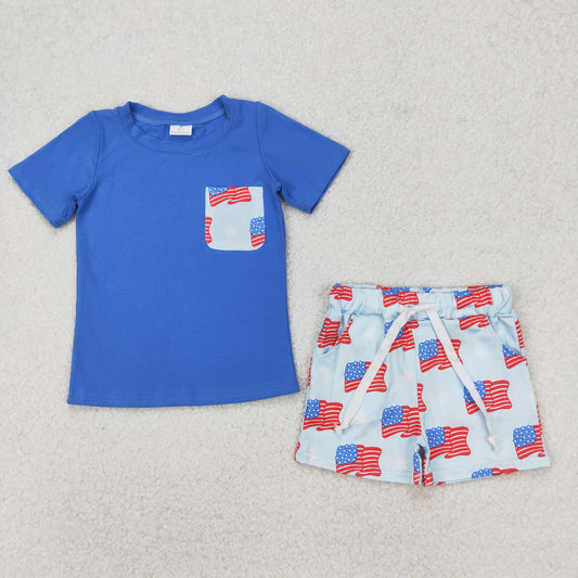 RTS NO MOQ ETA 5/7days Arrived BSSO1258 National Day flag star pocket blue short-sleeved shorts suit