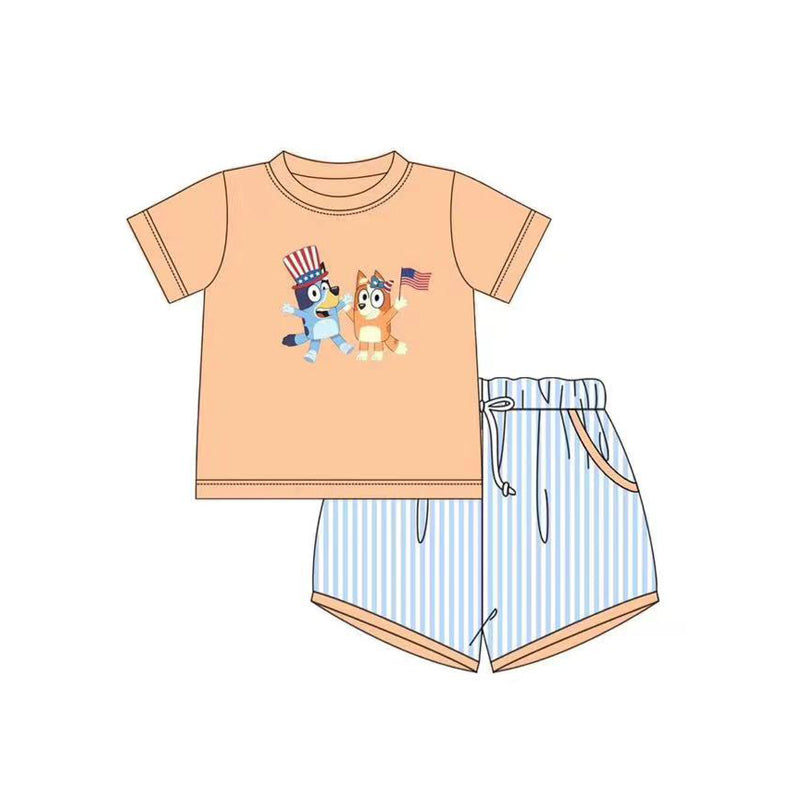 no moq BSSO1272 PRE-ORDER baby boy clothes cartoon dog orange short sleeve shorts set-2025.1.10