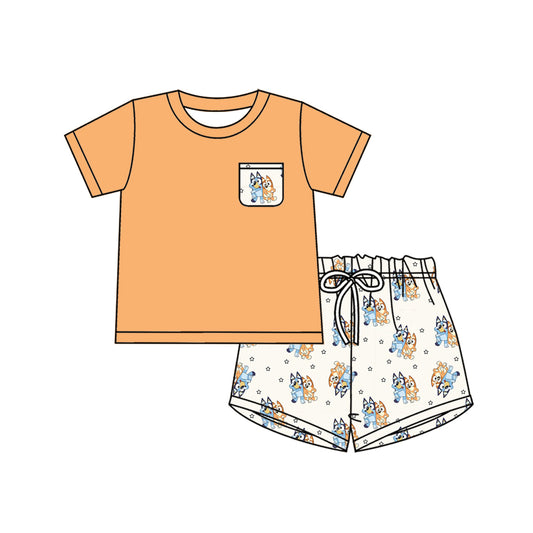 no moq BSSO1275 PRE-ORDER baby boy clothes cartoon dog orange short sleeve shorts set-2025.1.11