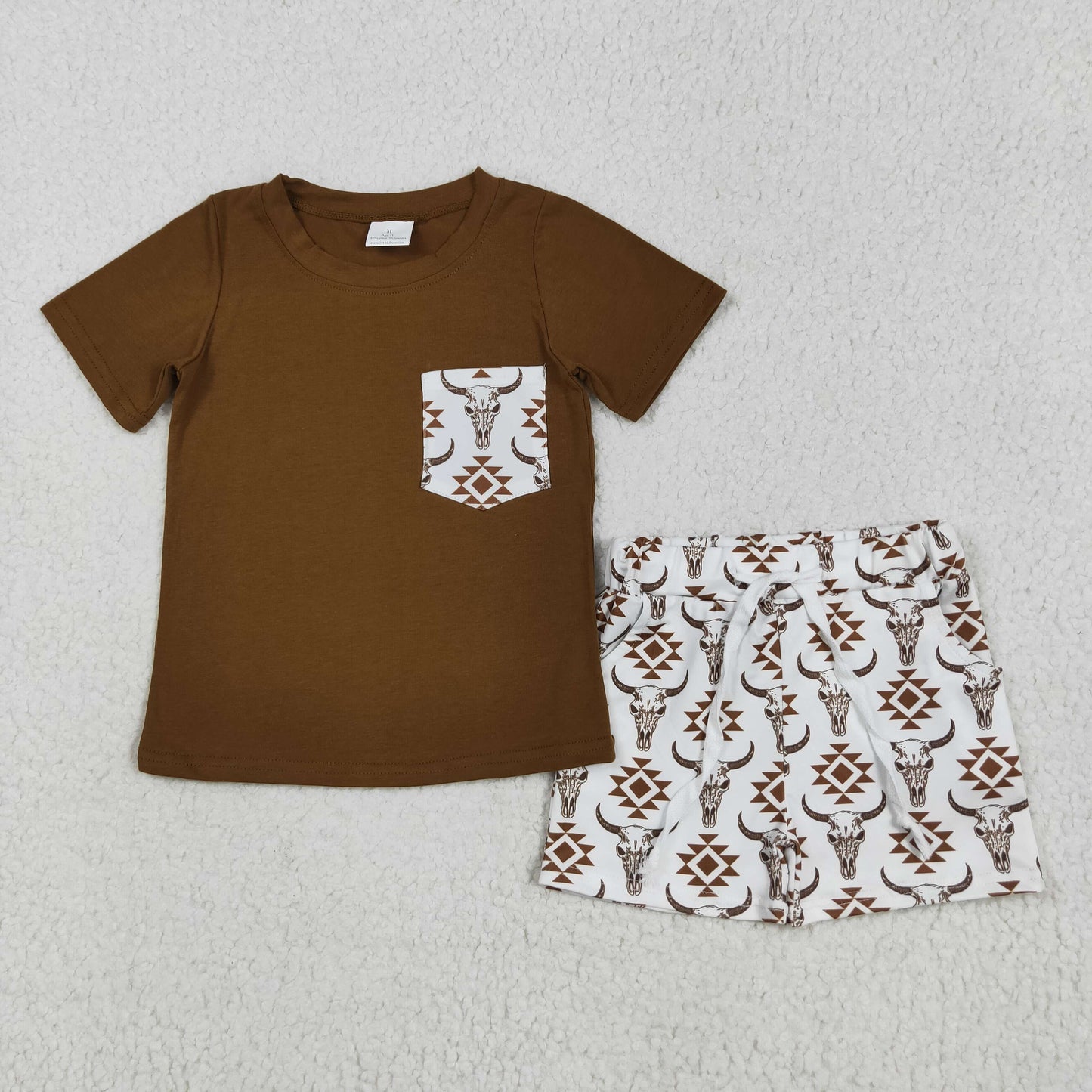 RTS NO MOQ BSSO1319 alpine bull head geometric pattern pocket brown short sleeve white shorts set