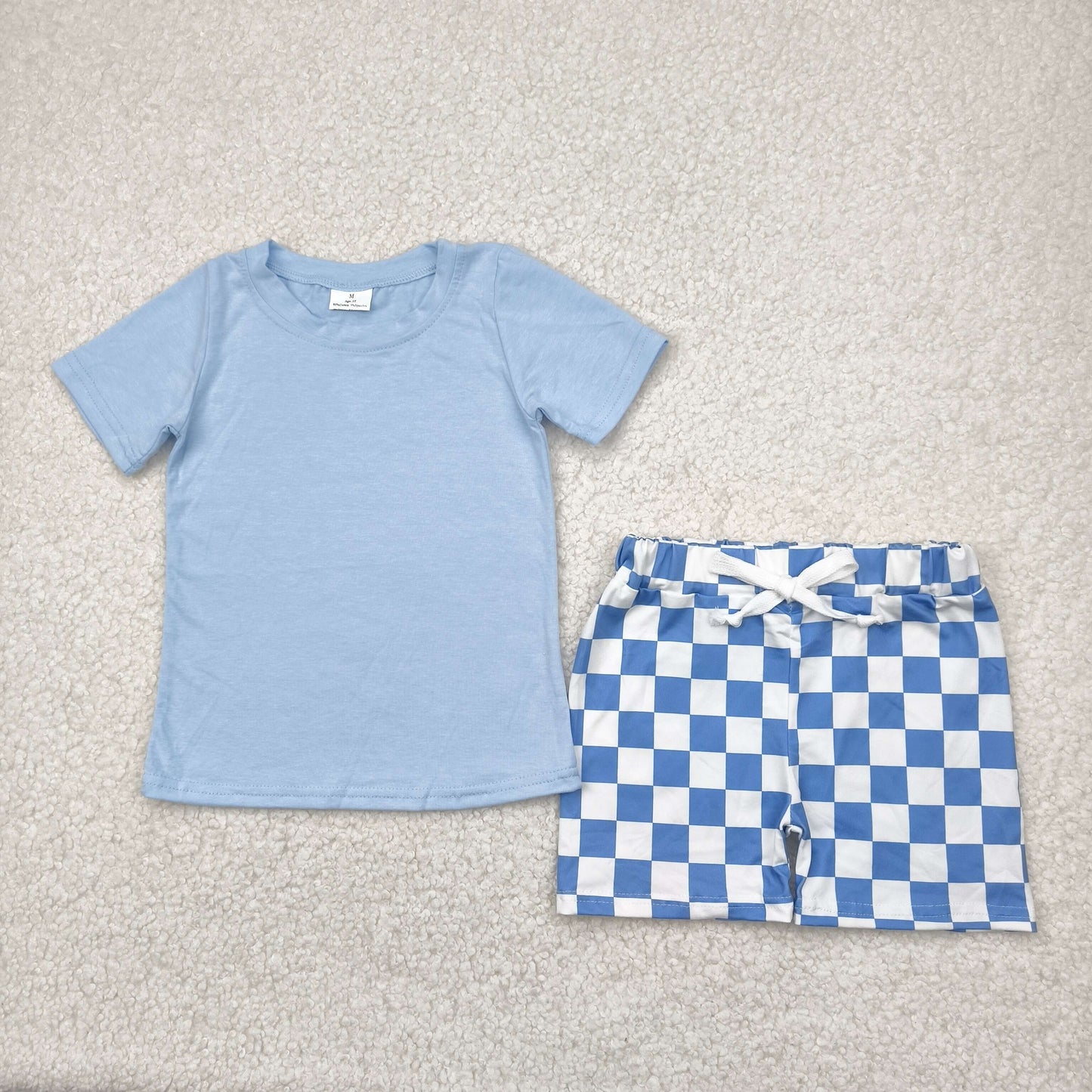 RTS NO MOQ BSSO1469 Solid sky blue short sleeve plaid shorts set