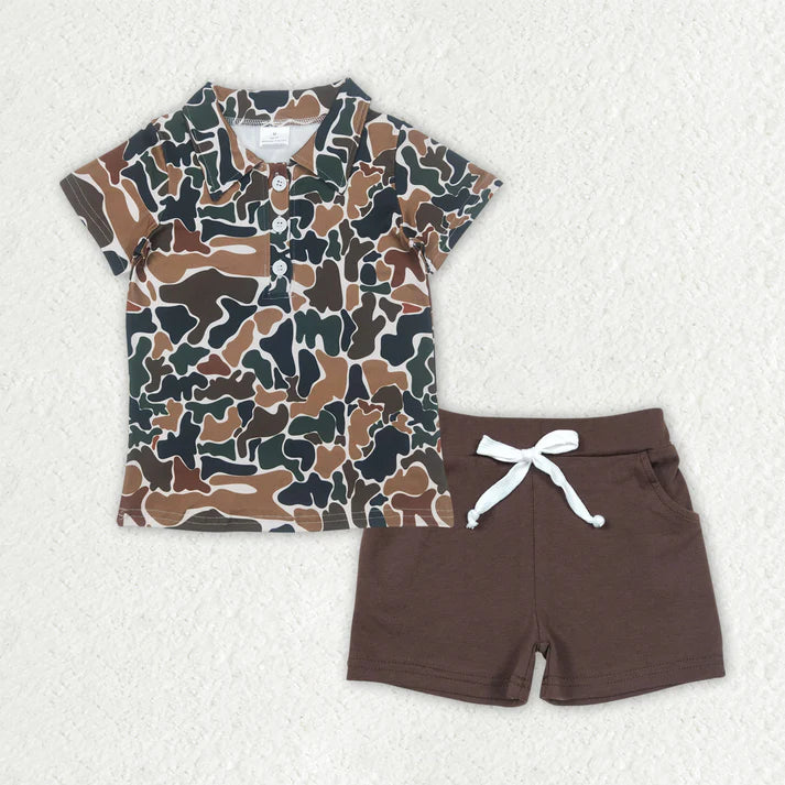 RTS NO MOQ Baby Boys Brown Camouflage Button Pullover Top with Pockets And Shorts Outfit Set