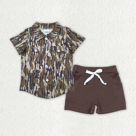 RTS NO MOQ Baby Boys Camouflage Button Detail Shirt Top with Pockets And Brown Cotton Shorts Set Outfit for Infants