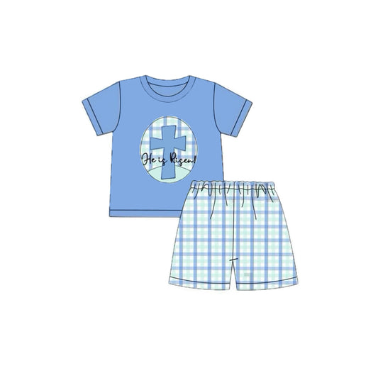 (Pre Order) No moq BSSO1566 PRE-ORDER baby boys clothes easter blue short sleeve shorts set-2025.10.9