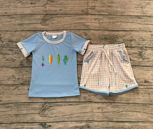 (Pre Order) No moq BSSO1617 Pre-order baby boy clothes embroidery blue short sleeve shorts sets-2025.11.14