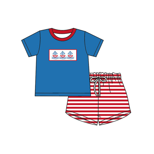 (Pre Order) No moq BSSO1627 Pre-order baby boy clothes blue short sleeve shorts sets-2025.10.25