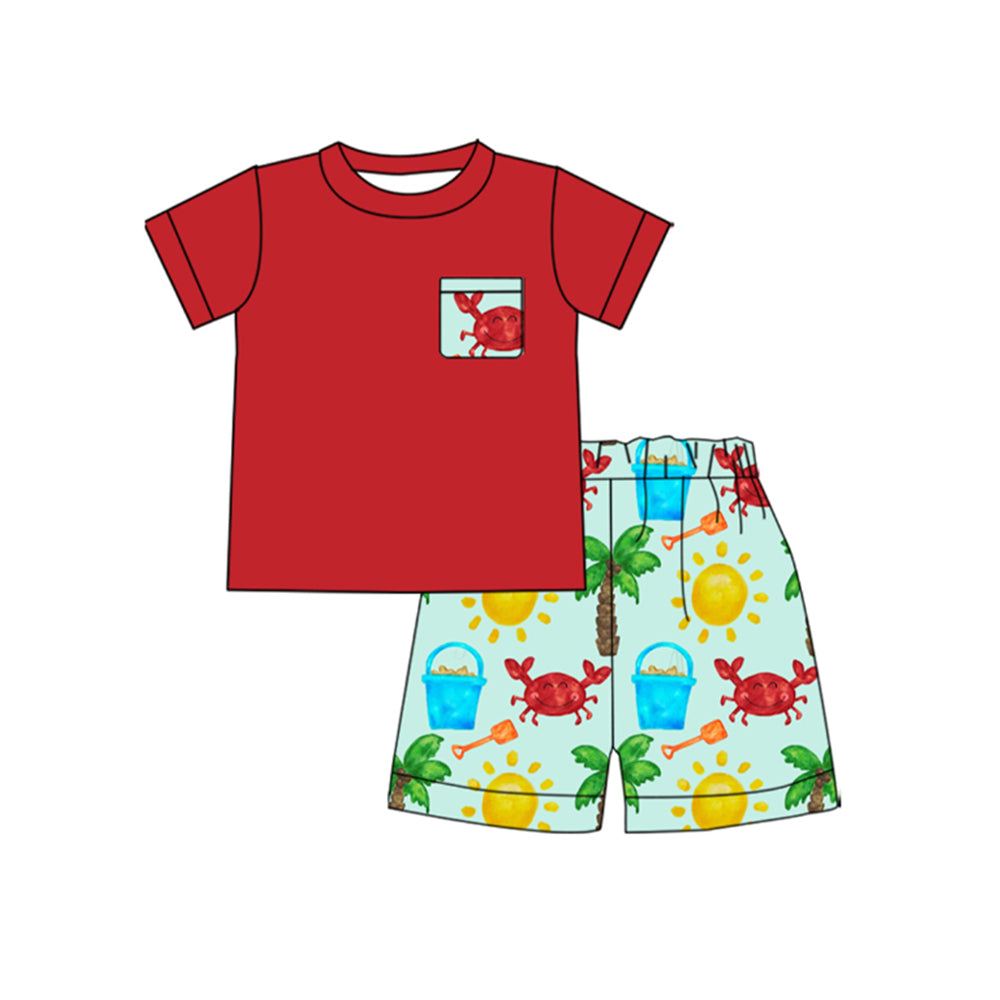 (Pre Order) No moq BSSO1631 Pre-order baby boy clothes crab red short sleeve shorts sets-2025.10.29