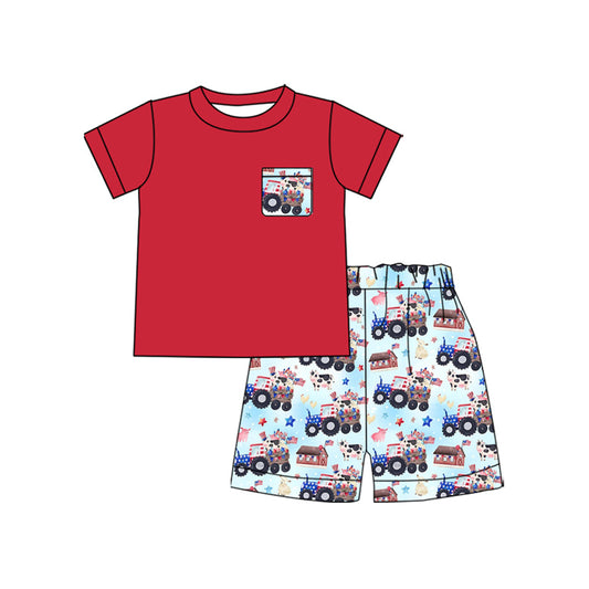 (Pre Order) No moq BSSO1647 Pre-order baby boy clothes animal farm red short sleeve shorts sets-2025.11.5