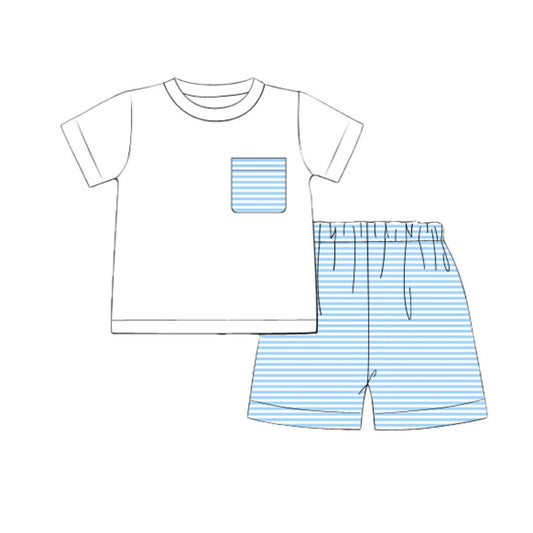 (Pre Order) No moq BSSO1649 Pre-order baby boy clothes blue and white short sleeve shorts sets-2025.11.6
