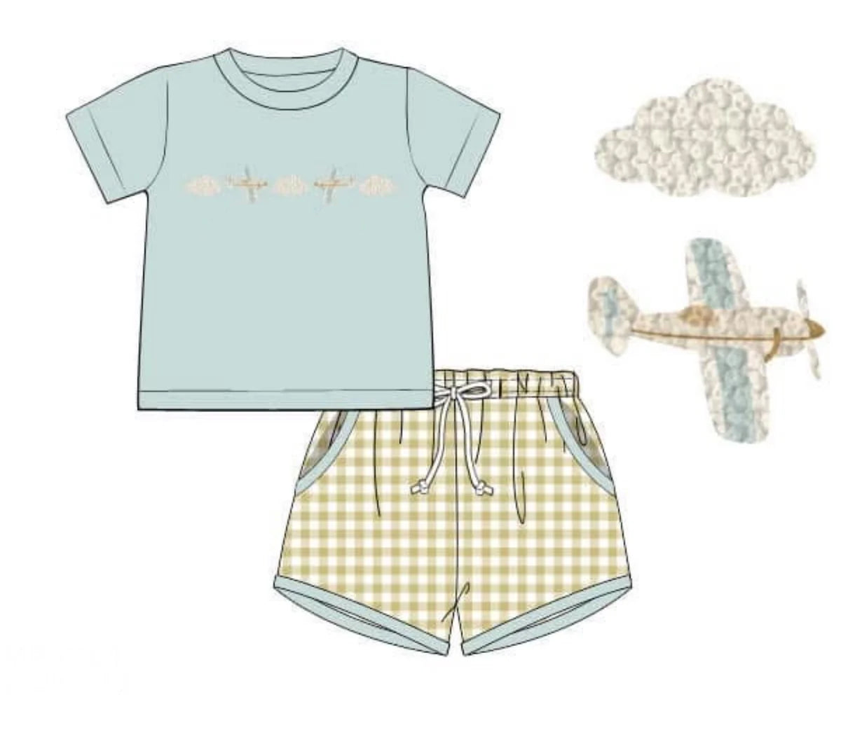 (Pre Order) No moq BSSO1684 Pre-order baby boy clothes airplane short sleeve shorts sets-2025.11.14