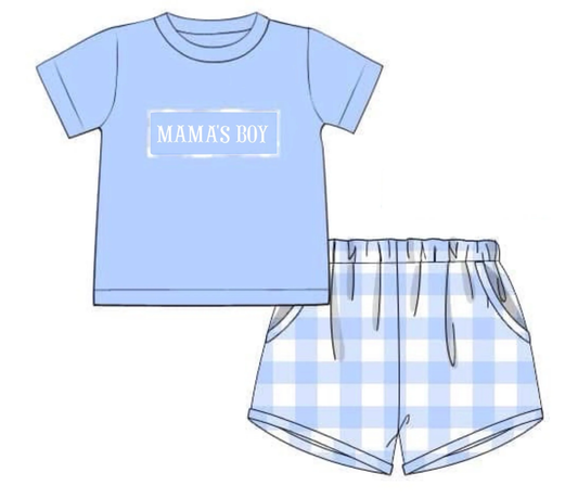 (Pre Order) No moq BSSO1691 Pre-order baby boy clothes MAMA BOY blue short sleeve shorts sets-2025.11.14
