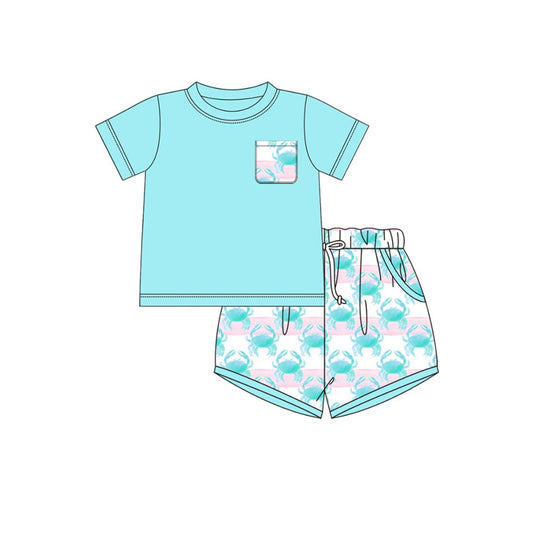 (Pre Order) No moq BSSO1732 Pre-order baby boy clothes crab blue short sleeve shorts sets-2025.11.24