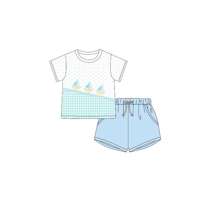 (Pre Order) No moq Pre-order baby boy clothes boat blue short sleeve shorts sets-2025.12.5（