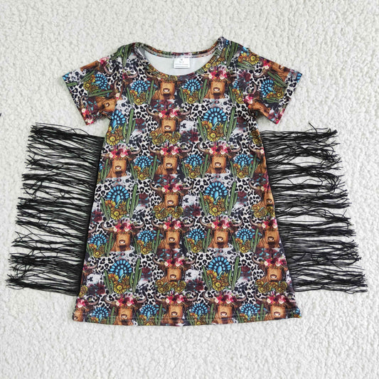 BT0007 Girls' Bull Leopard Print Sunflower Tassel Short Sleeve Skirt