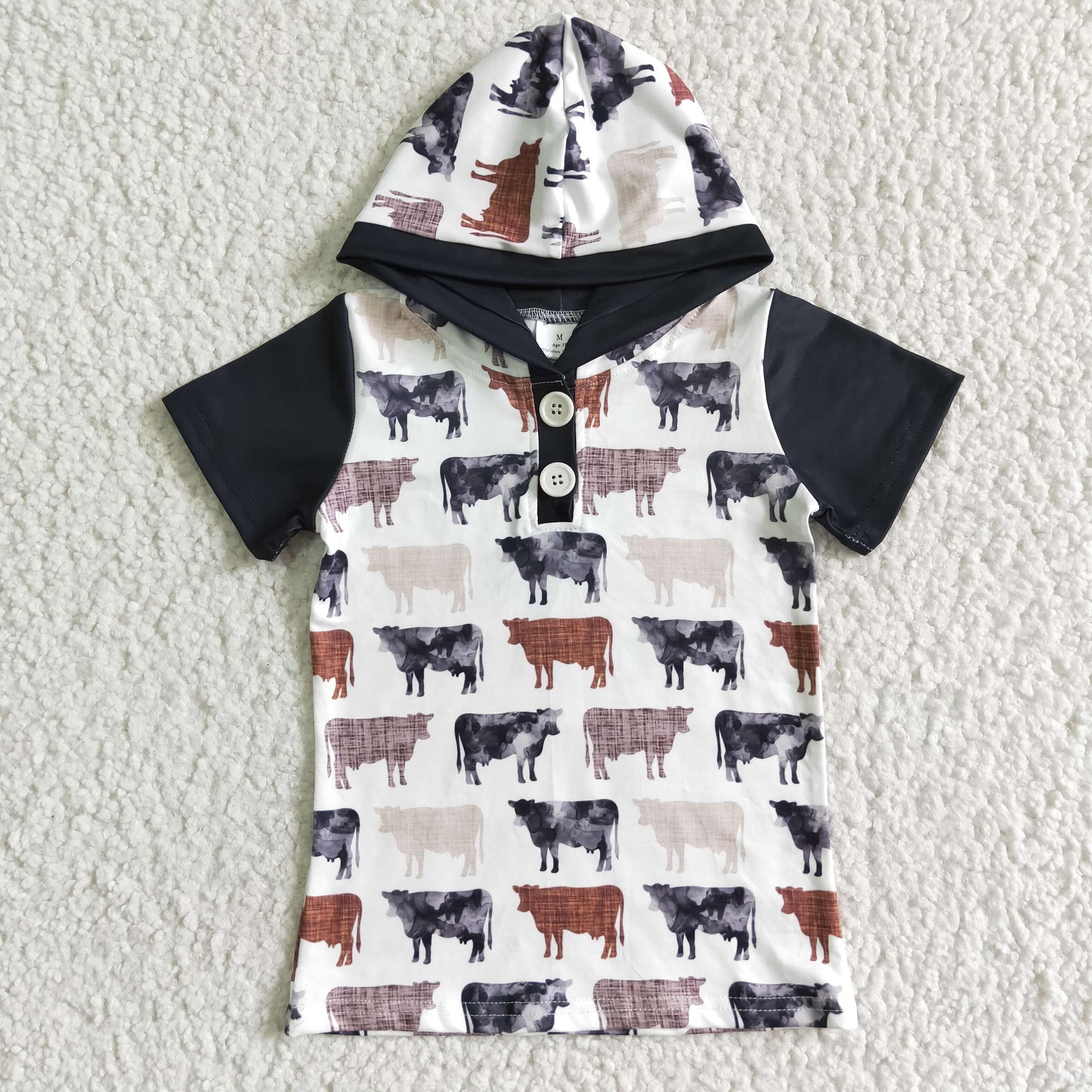 RTS NO MOQ（In Stock) BT0009 Boys Black Short Sleeve Hooded Cow Button Top