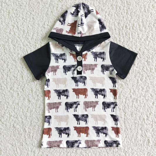 RTS NO MOQ（In Stock) BT0009 Boys Black Short Sleeve Hooded Cow Button Top