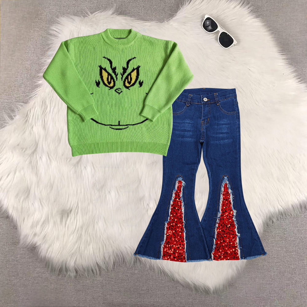 RTS NO MOQ（In Stock ) BT0099+P0532 baby girl clothes Christmas cartoon long-sleeved sweater denim trousers set