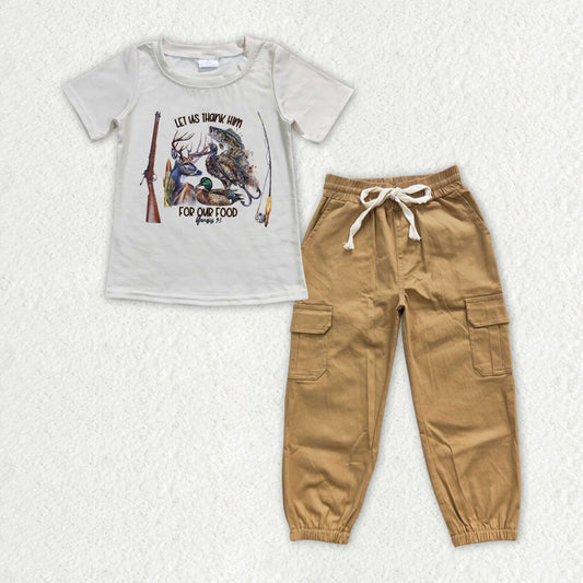 rts no moq BT0340+P0134 Fishing hunting elk duck beige short-sleeved top Khaki pocket overalls sets