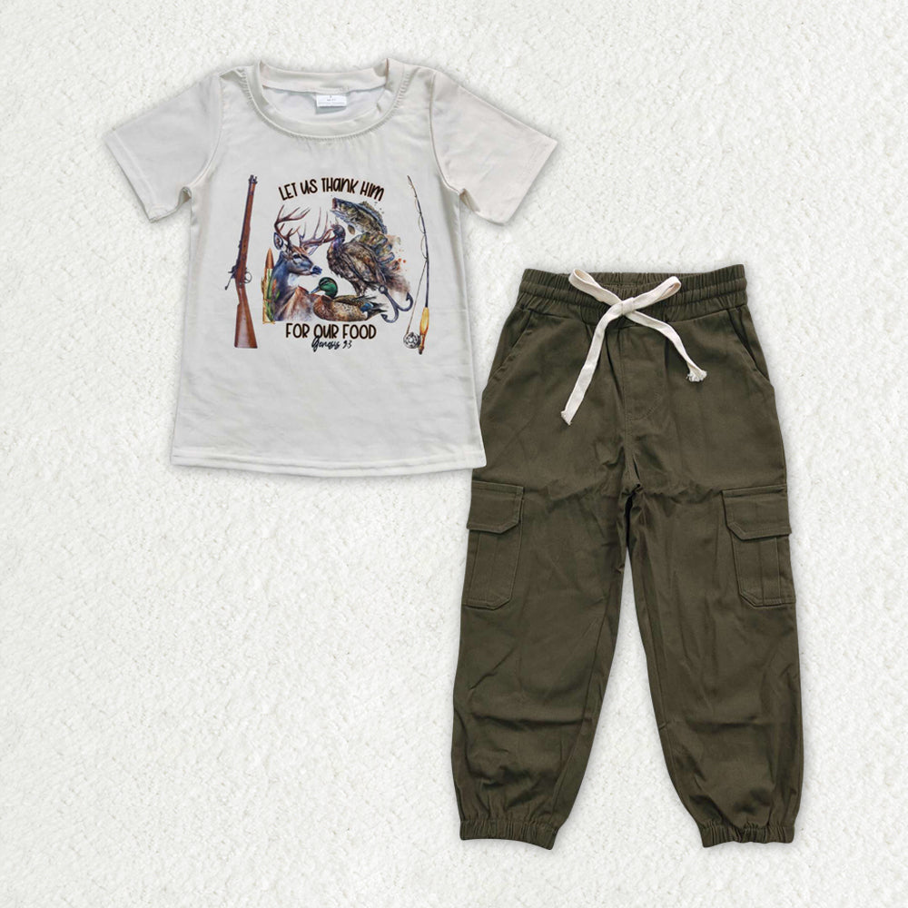 rts no moq BT0340+P0135 Fishing hunting elk duck beige short-sleeved top Dark green pocket overalls sets