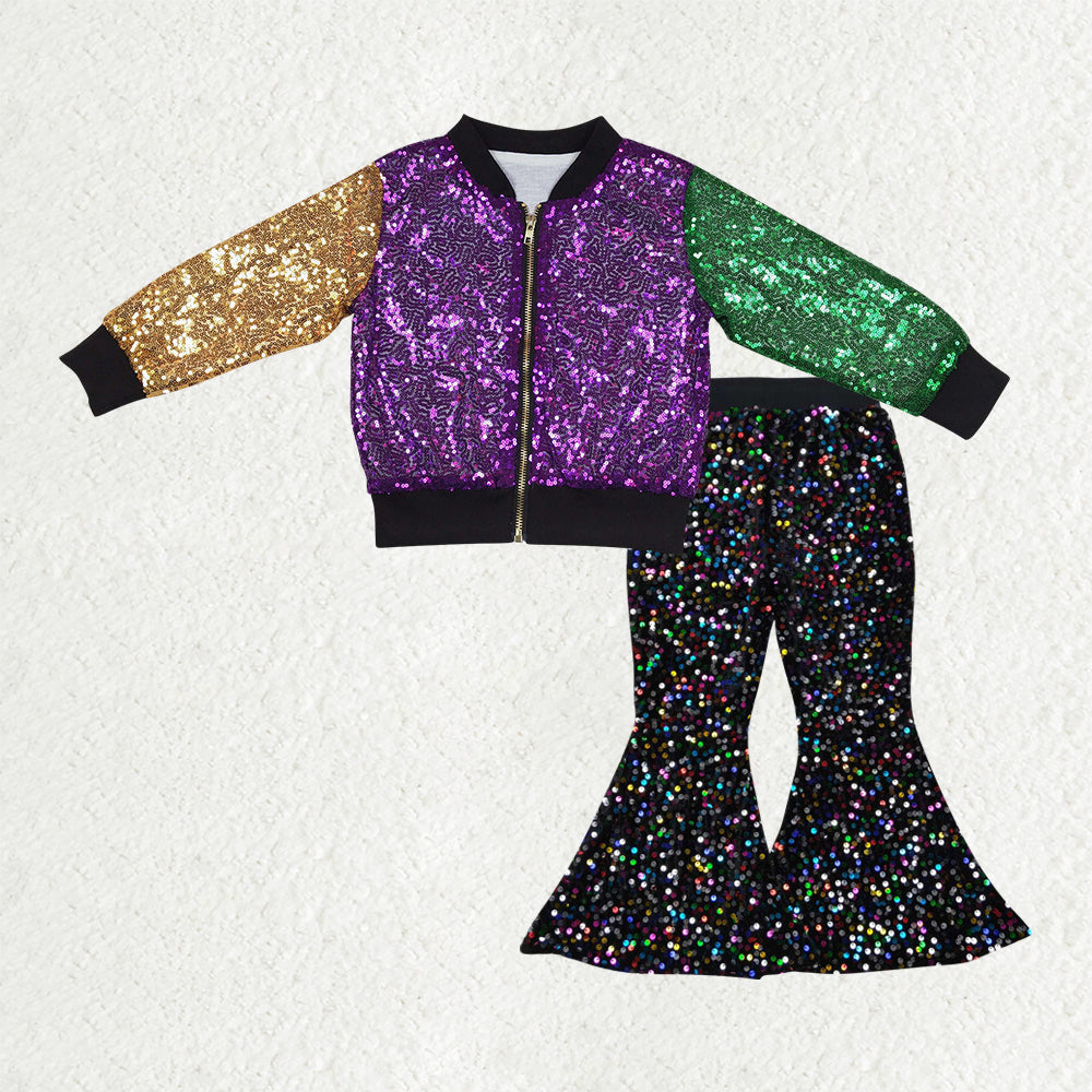 rts no moq BT0451+P0329 Purple, yellow and green rhombus plaid sequined trousers Carnival Purple Yellow Green Sequin Zip Jacket set