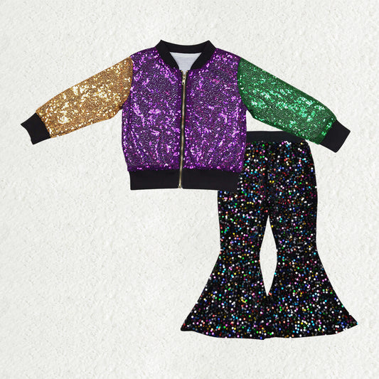 rts no moq BT0451+P0329 Purple, yellow and green rhombus plaid sequined trousers Carnival Purple Yellow Green Sequin Zip Jacket set