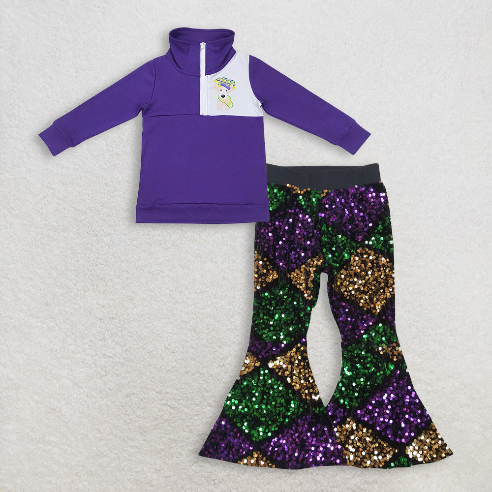 RTS NO MOQ（In Stock) mardi gras long sleeved top sequined pants set
