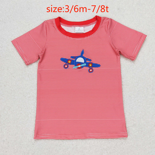 rts no moq BT0594 Embroidered airplane red striped short-sleeved top