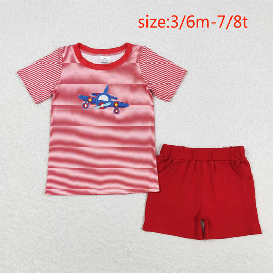 rts no moq BT0594+SS0270 Embroidered airplane red striped short-sleeved top red shorts sets