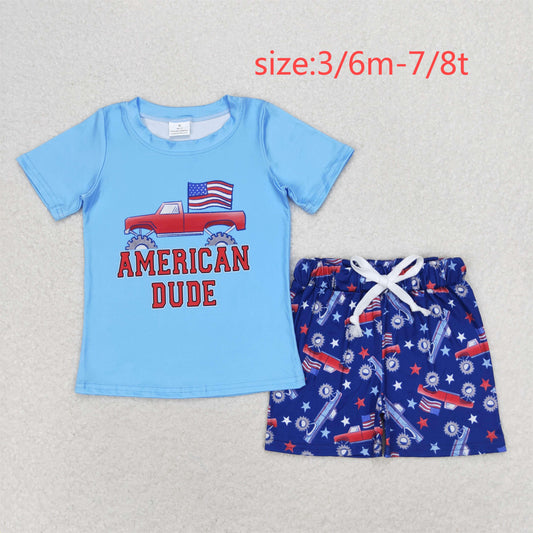 rts no moq BT0650+SS0205 American Dude flag blue short-sleeved top Jeep star navy blue shorts sets