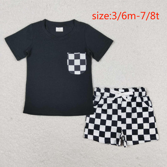 rts no moq BT0660+SS0273 Black and white plaid pocket short-sleeved top shorts sets