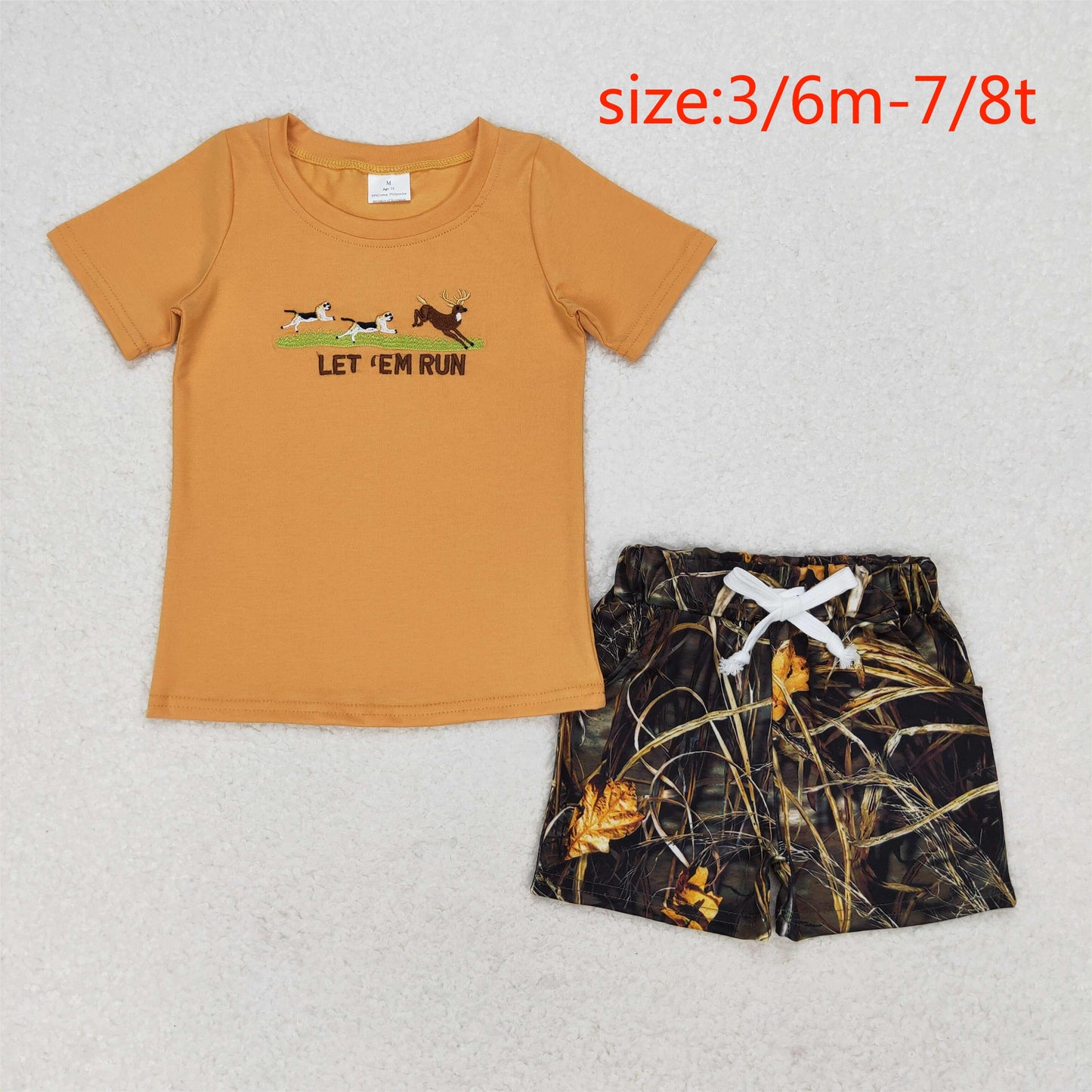 rts no moq BT0674+SS0280 let run embroidered puppy elk light brown short-sleeved top branches and leaves camouflage shorts sets