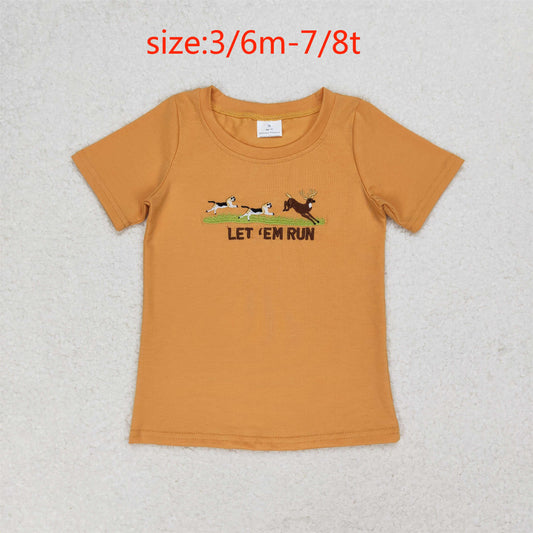 rts no moq BT0674 let run embroidered puppy elk light brown short-sleeved top