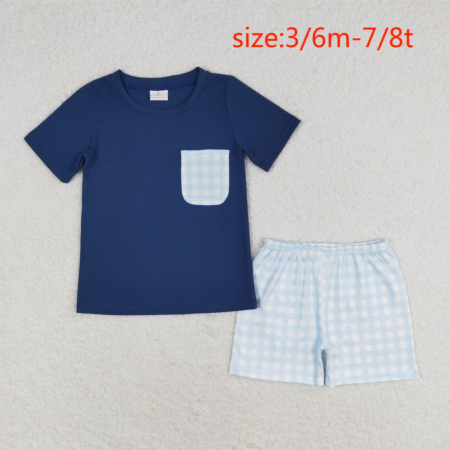 rts no moq BT0705+SS0353 Blue plaid pocket dark short-sleeved top Boy Shorts sets