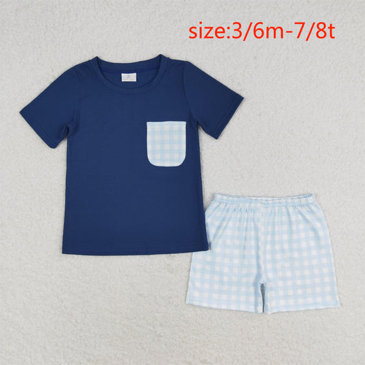 rts no moq BT0705+SS0353 Blue plaid pocket dark short-sleeved top Boy Shorts sets