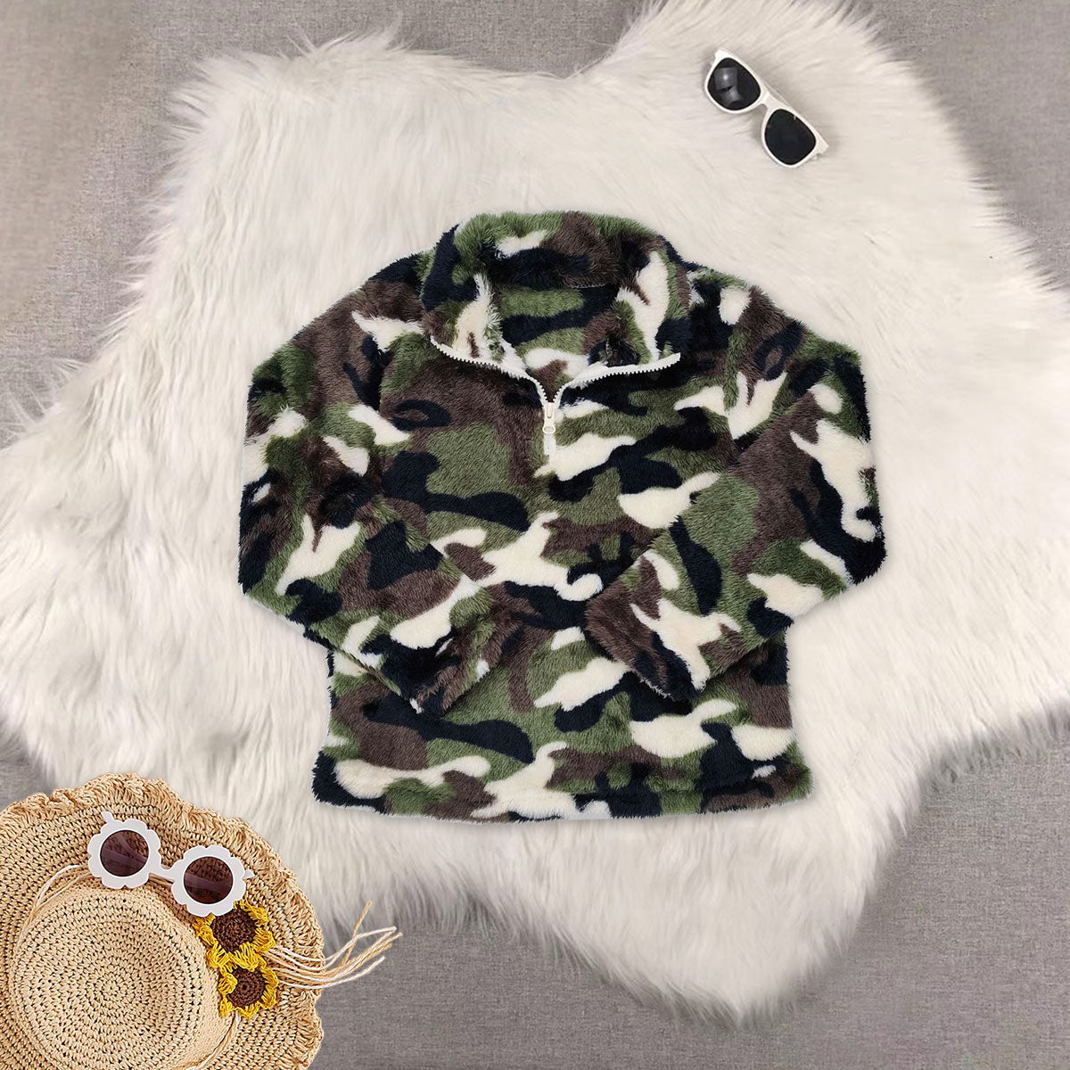 RTS NO MOQ Sibling Baby Boys Fall Plush Camouflage Zip-Up Pullover T-Shirt