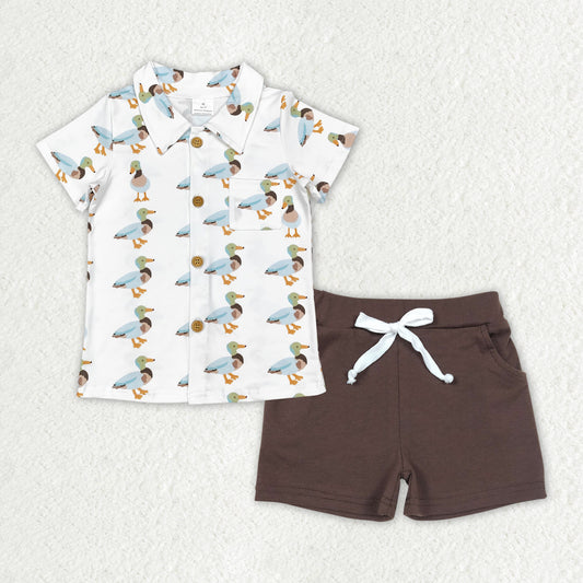 RTS NO MOQ ETA 5/7days Arrived BT0738+SS0134 Duck pocket button short-sleeved top Brown shorts sets