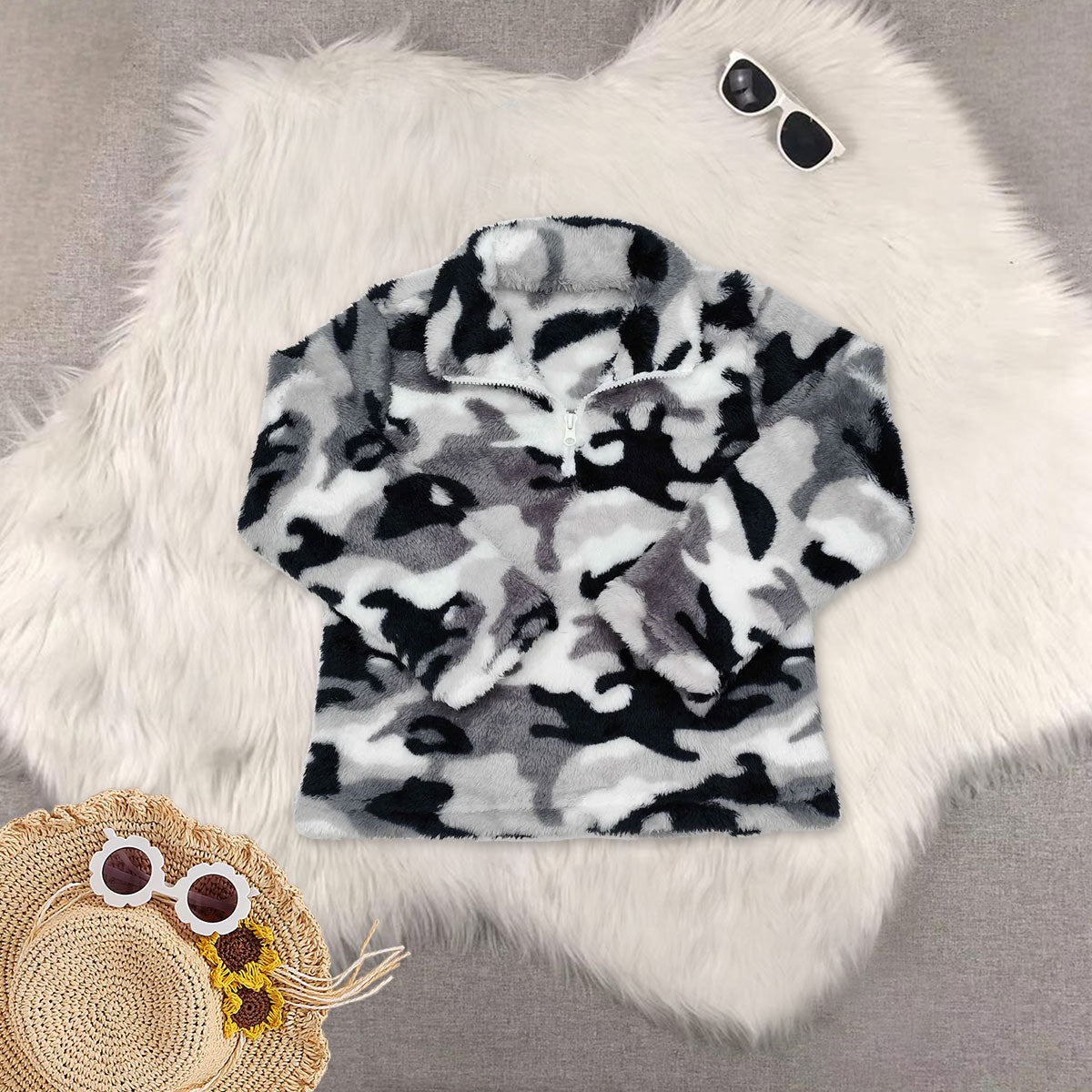 RTS NO MOQ Sibling Baby Boys Fall Plush Camouflage Zip-Up Pullover T-Shirt