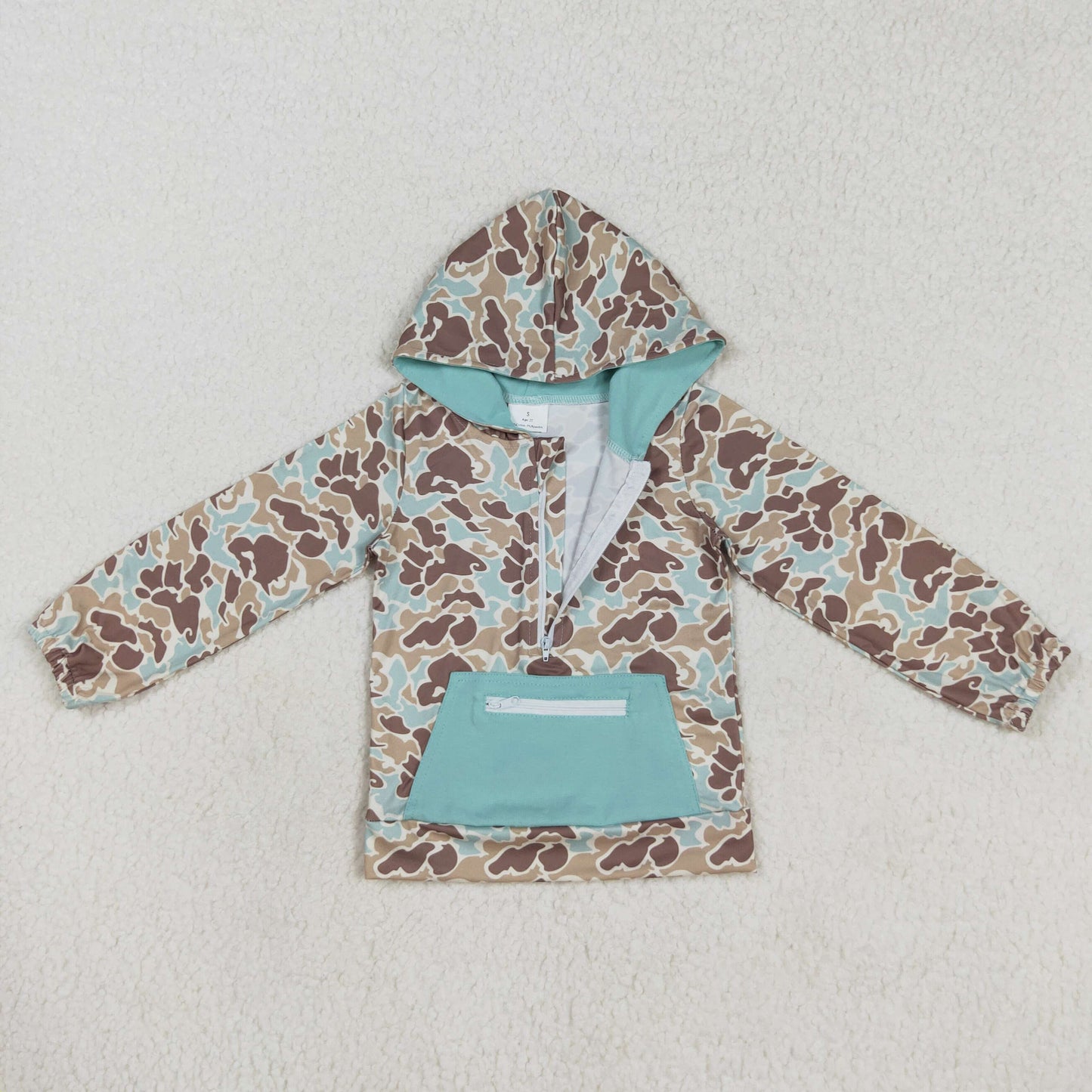 rts no moq BT0751 Blue-green camouflage zipper pocket hooded long-sleeved top